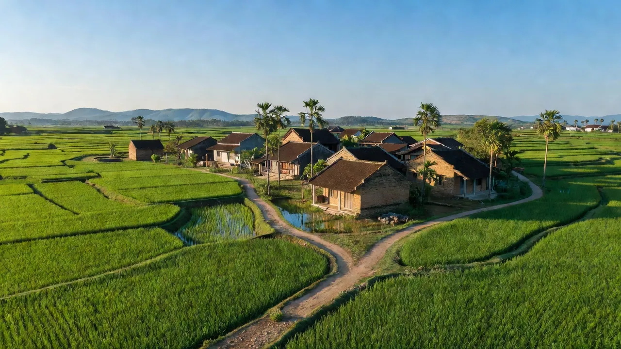 Khung cảnh nông thôn xã Liêm Sơn, huyện Thanh Liêm, tỉnh Hà Nam với cánh đồng xanh và nhà dân.