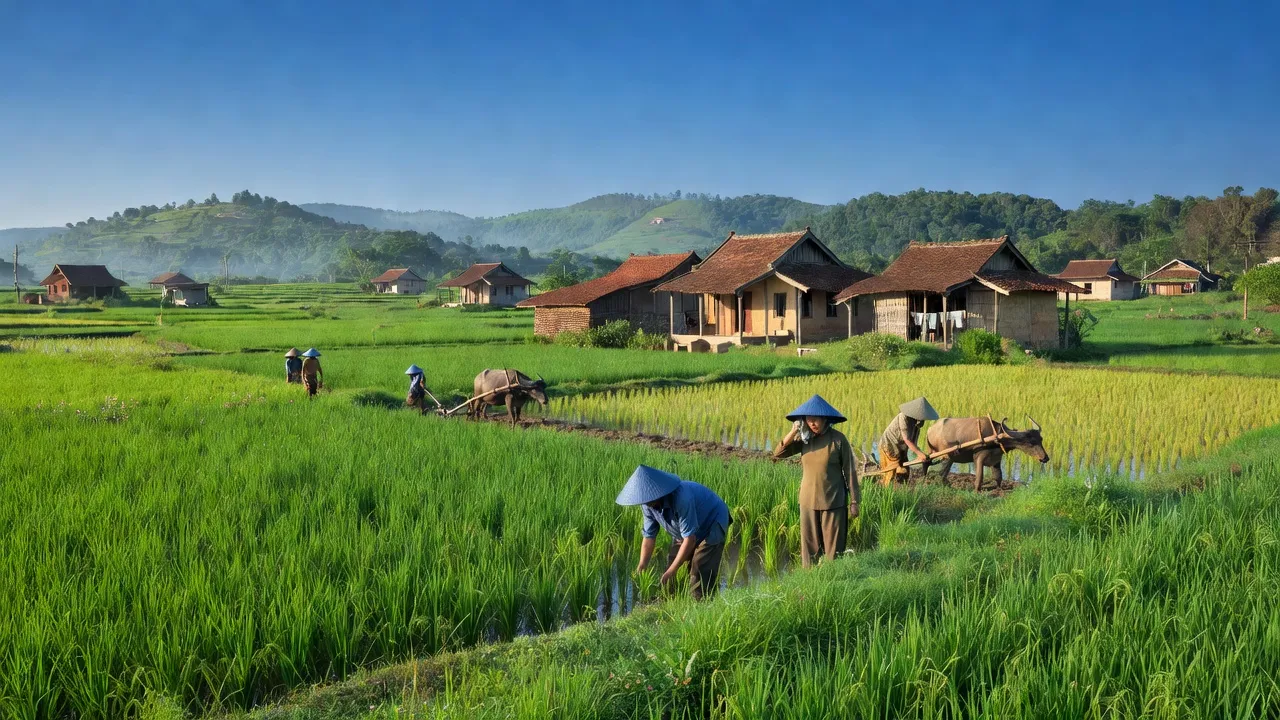 Cảnh quan bình yên xã Liêm Túc, huyện Thanh Liêm, tỉnh Hà Nam với cánh đồng xanh tươi.