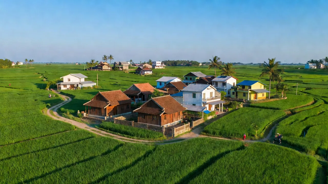Quang cảnh xã Liêm Túc, huyện Thanh Liêm, tỉnh Hà Nam với đồng lúa và nhà truyền thống.