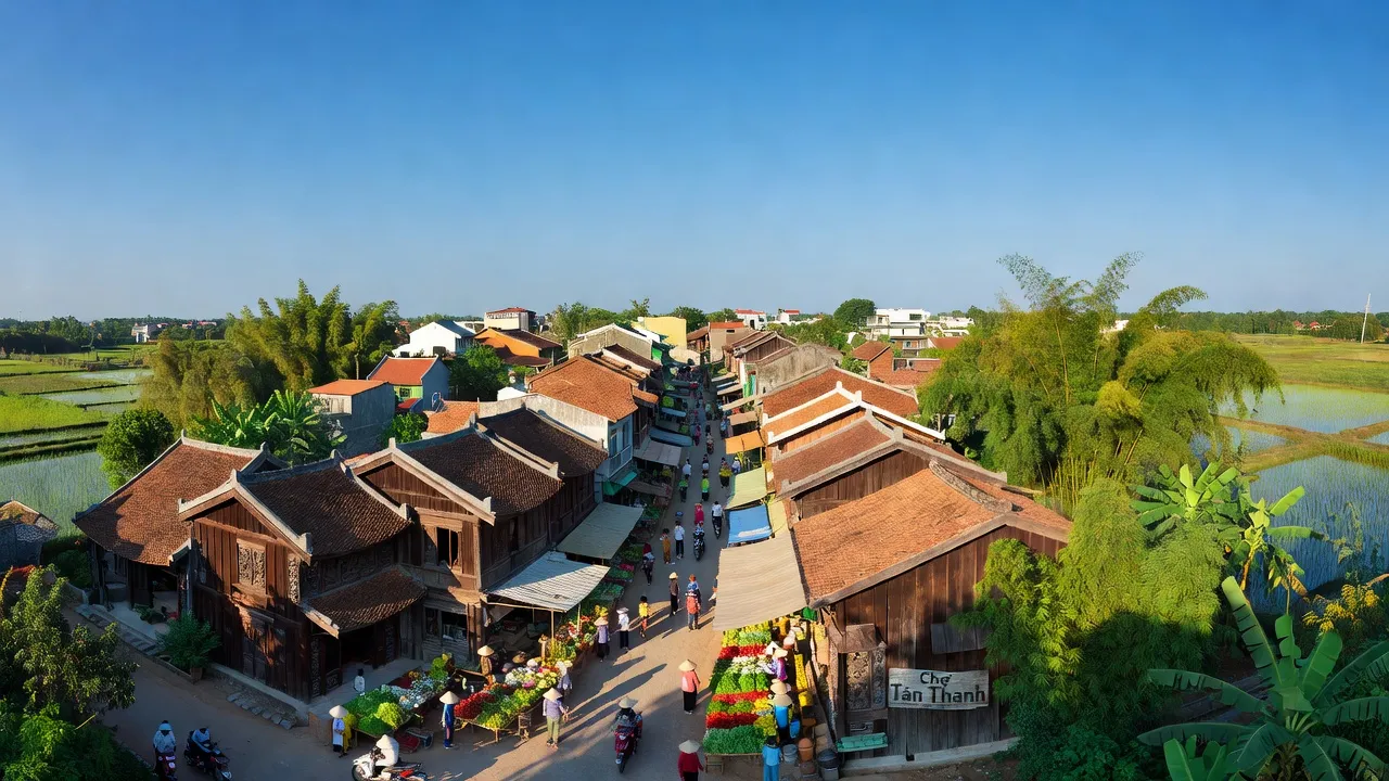 Thị trấn Tân Thanh, huyện Thanh Liêm, tỉnh Hà Nam với kiến trúc truyền thống và cảnh quan xanh tươi.