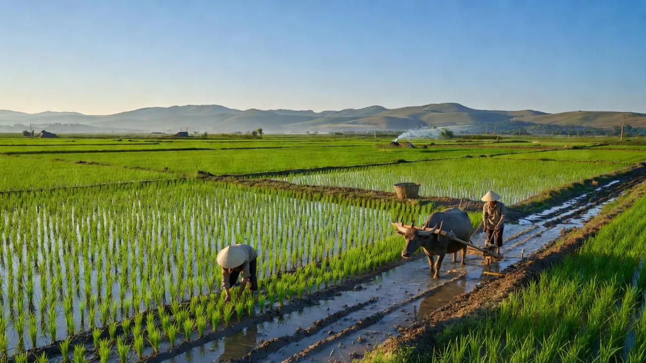 Cảnh đẹp Xã Thanh Hải, Huyện Thanh Liêm, tỉnh Hà Nam với cánh đồng xanh tươi và hoạt động nông nghiệp.