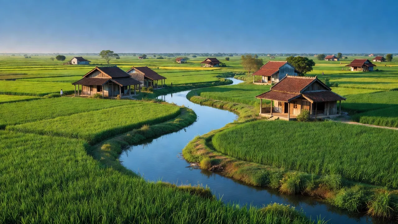 Khung cảnh nông thôn xã Thanh Hương ở huyện Thanh Liêm, tỉnh Hà Nam với cây cối và sông.