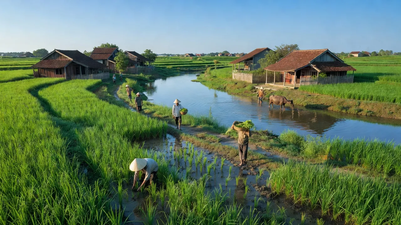 Khung cảnh yên bình ở xã Thanh Hương, huyện Thanh Liêm, tỉnh Hà Nam với cánh đồng xanh.