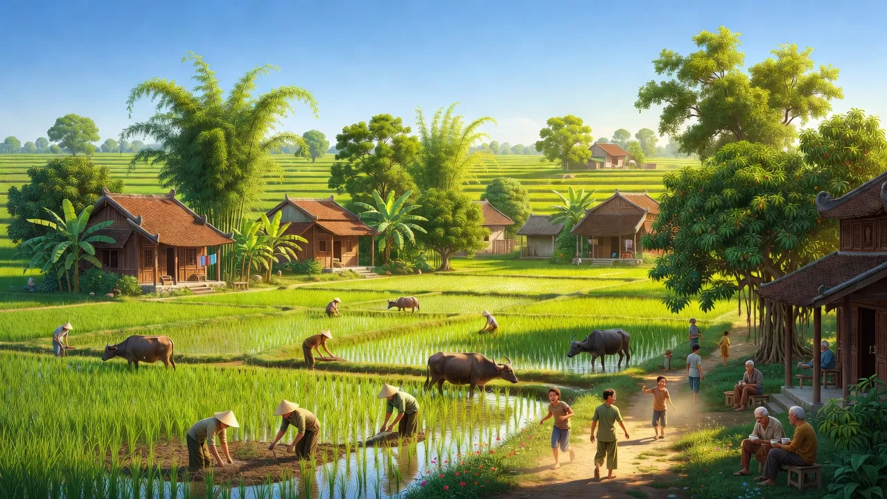 Cảnh quan thanh bình xã Thanh Nghị, huyện Thanh Liêm, tỉnh Hà Nam với cánh đồng xanh và nhà truyền thống.