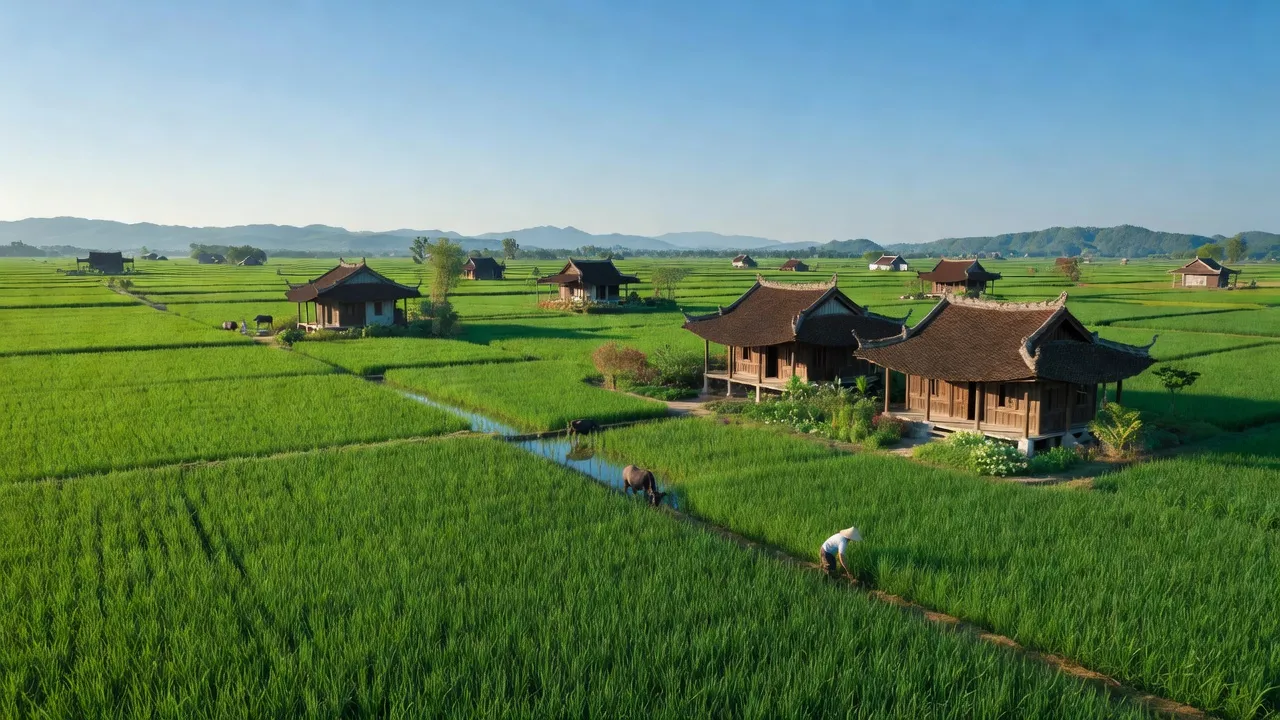 Cảnh đồng xanh ở xã Thanh Tâm, huyện Thanh Liêm, tỉnh Hà Nam, với những ngôi nhà cổ điển.