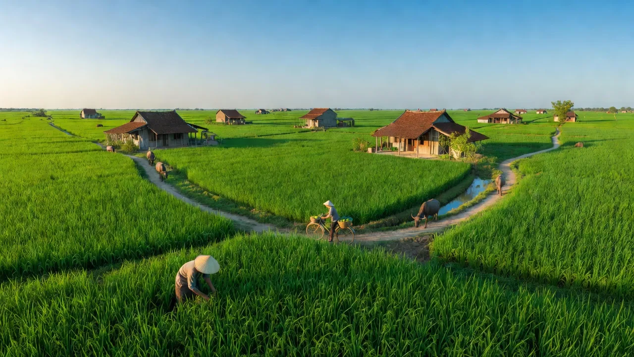 Khung cảnh đồng bằng sông Hồng tại xã Thanh Tâm, huyện Thanh Liêm, tỉnh Hà Nam, thể hiện sự bình yên.