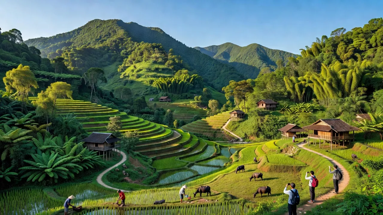 Khung cảnh huyện Ba Vì, Hà Nội với núi non xanh tươi, đặc trưng cho du lịch sinh thái.