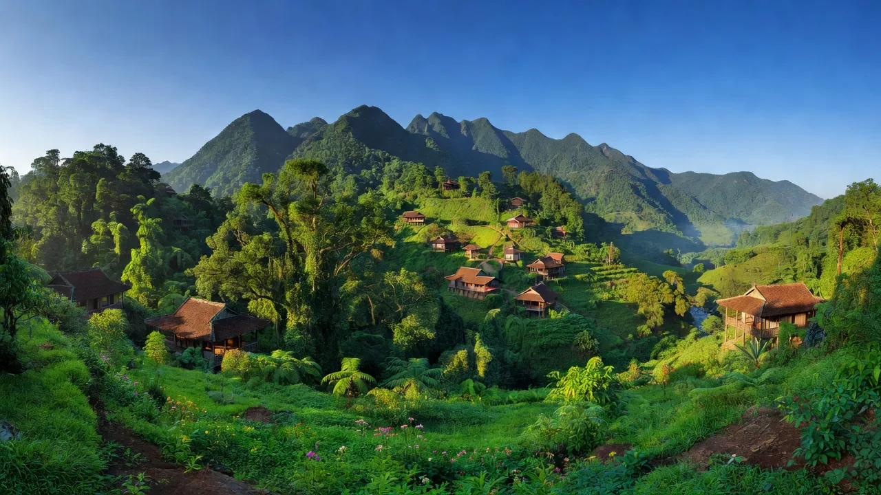 Núi Ba Vì ở huyện Ba Vì, Hà Nội với cảnh quan thiên nhiên tuyệt đẹp và các ngôi nhà truyền thống.