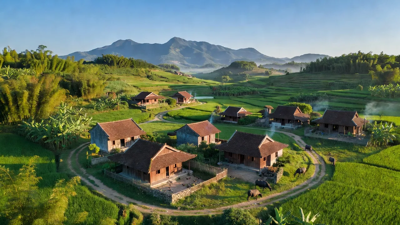 Khung cảnh đẹp của xã Ba Trại, huyện Ba Vì, Hà Nội với núi đồi xanh tươi và nhà truyền thống.