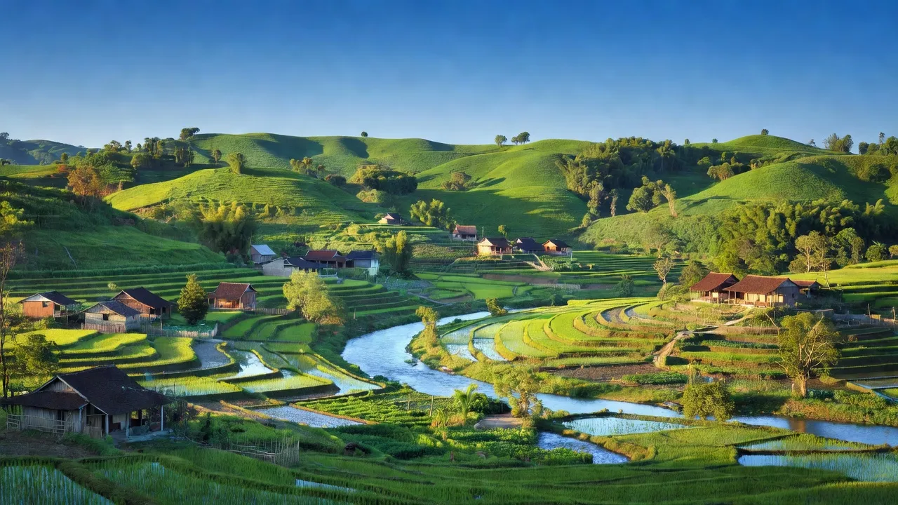 Khung cảnh tuyệt đẹp của Xã Cam Thượng, huyện Ba Vì, Hà Nội với đồi núi và sông nước.