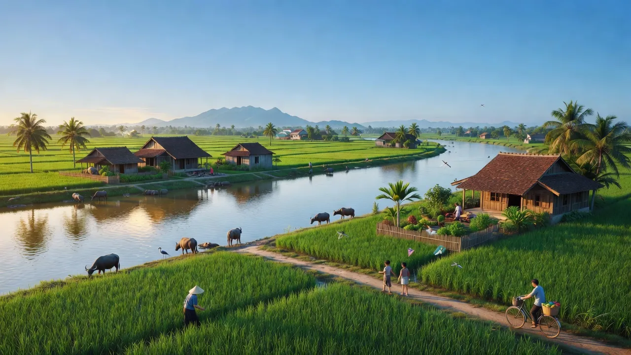 Cảnh đẹp xã Cổ Đô, huyện Ba Vì, Hà Nội với sông Đà và cánh đồng xanh.