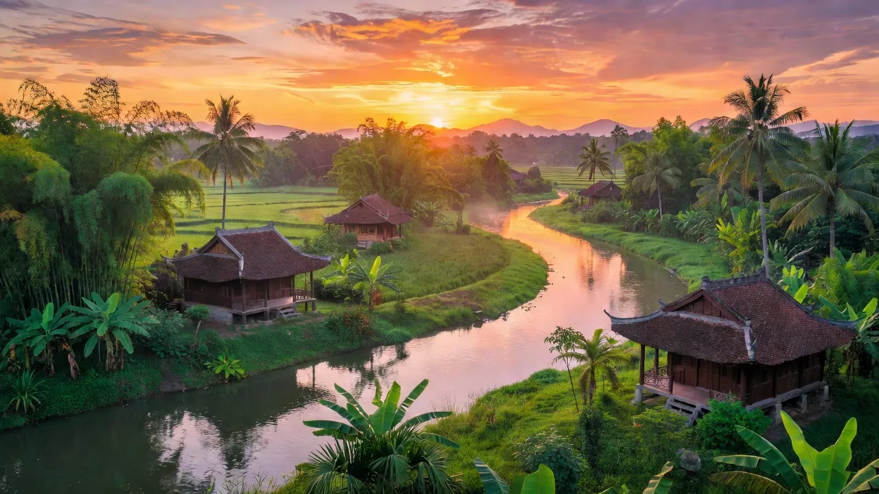Cảnh sắc Xã Cổ Đô huyện Ba Vì, Hà Nội, bên sông Đà, khung cảnh bình yên, nhiều cây xanh.