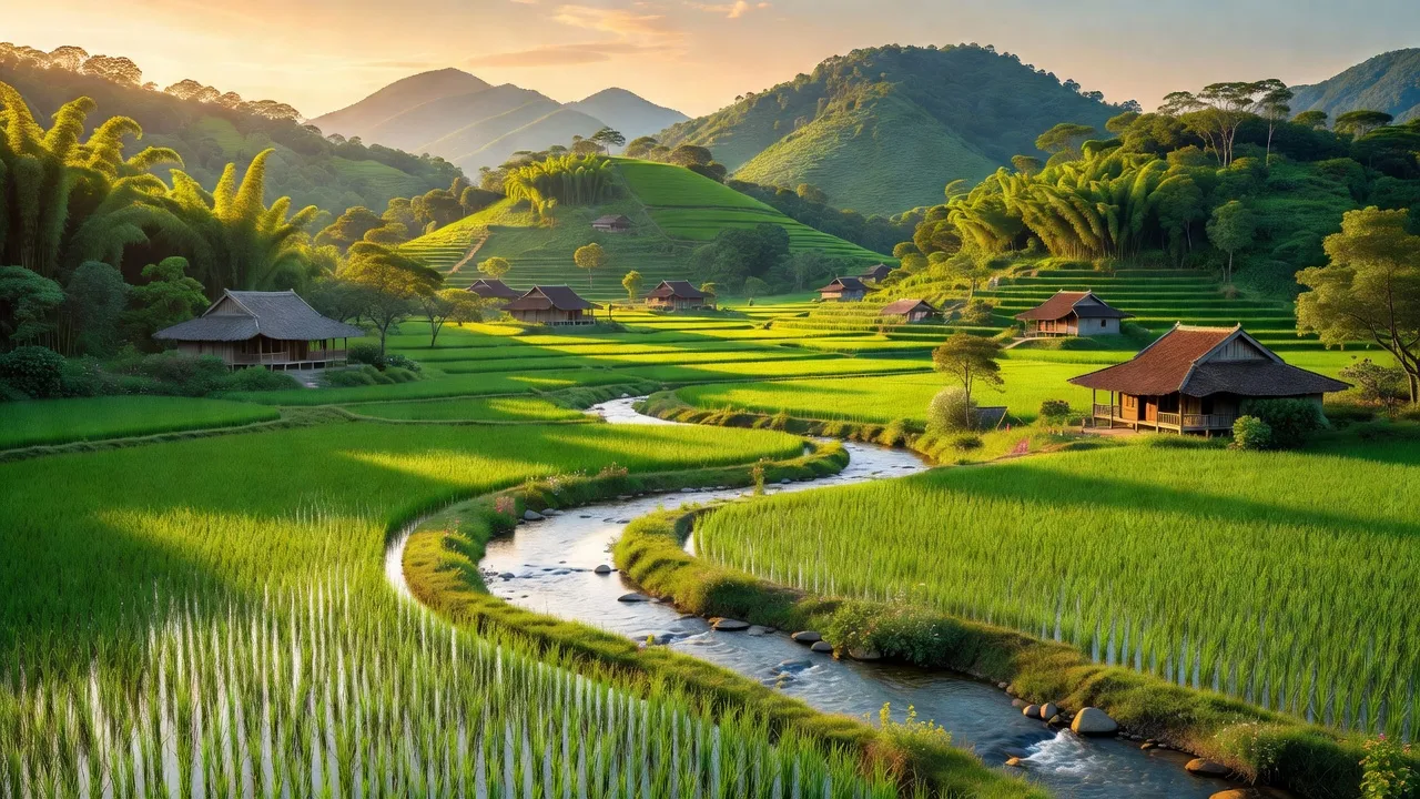 Khung cảnh xã Đông Quang, huyện Ba Vì, gần Hà Nội với đồi núi và cánh đồng xanh.
