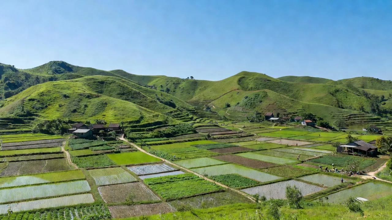 Khung cảnh xã Đông Quang, huyện Ba Vì, Hà Nội, với đồi núi xanh tươi và đồng ruộng màu mỡ.