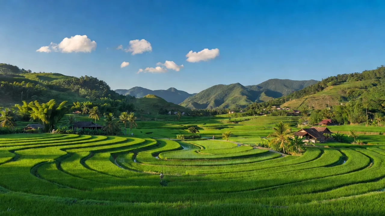 Cảnh quan xã Đồng Thái, huyện Ba Vì, Hà Nội với ruộng xanh và đồi núi bao quanh.