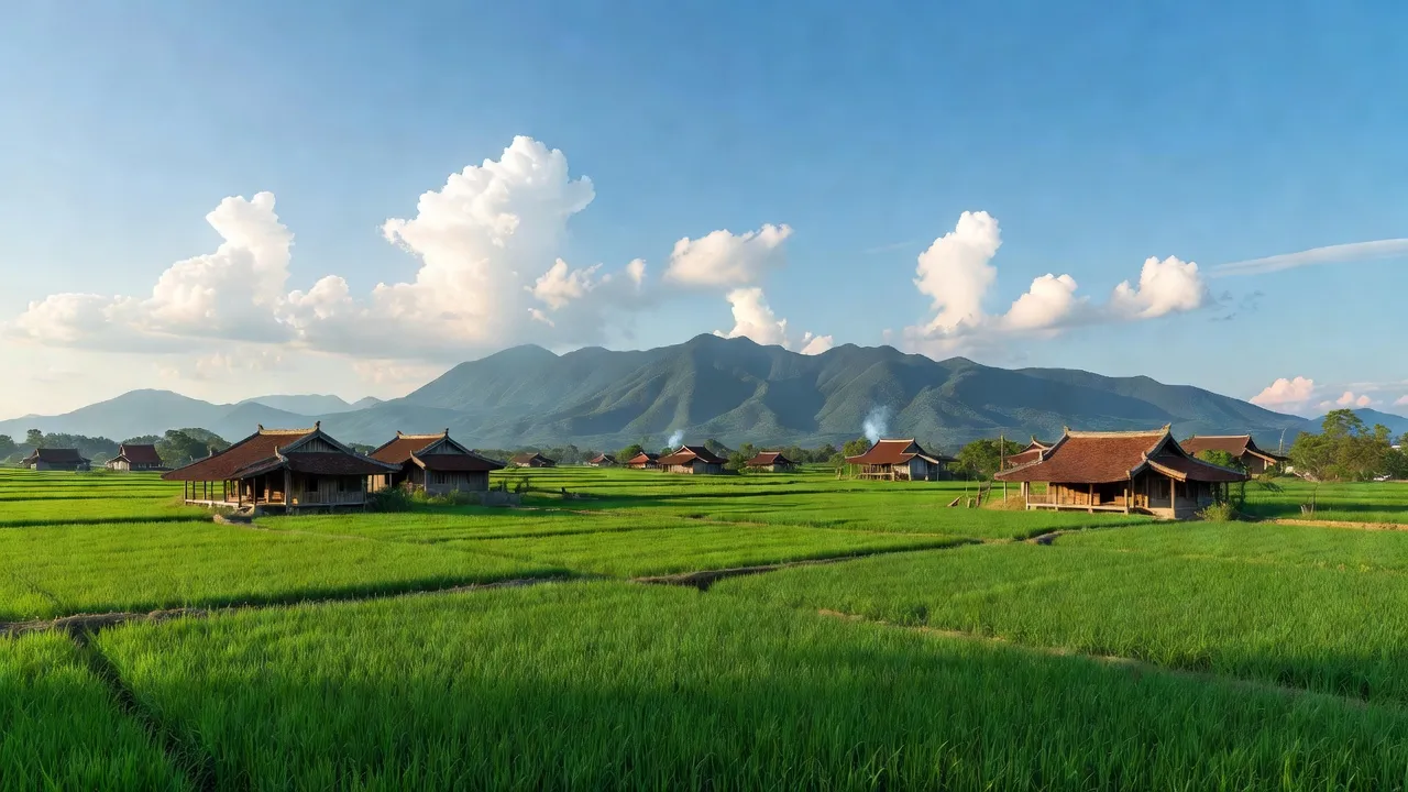 Khung cảnh yên bình xã Đồng Thái, huyện Ba Vì, Hà Nội với cánh đồng xanh và núi xa.