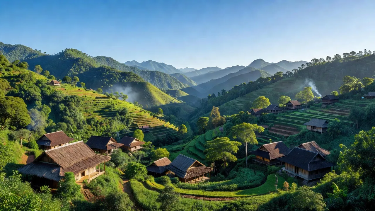 Khánh Thượng, Ba Vì, Hà Nội with mountains, traditional houses, and lush greenery, a scenic rural area.