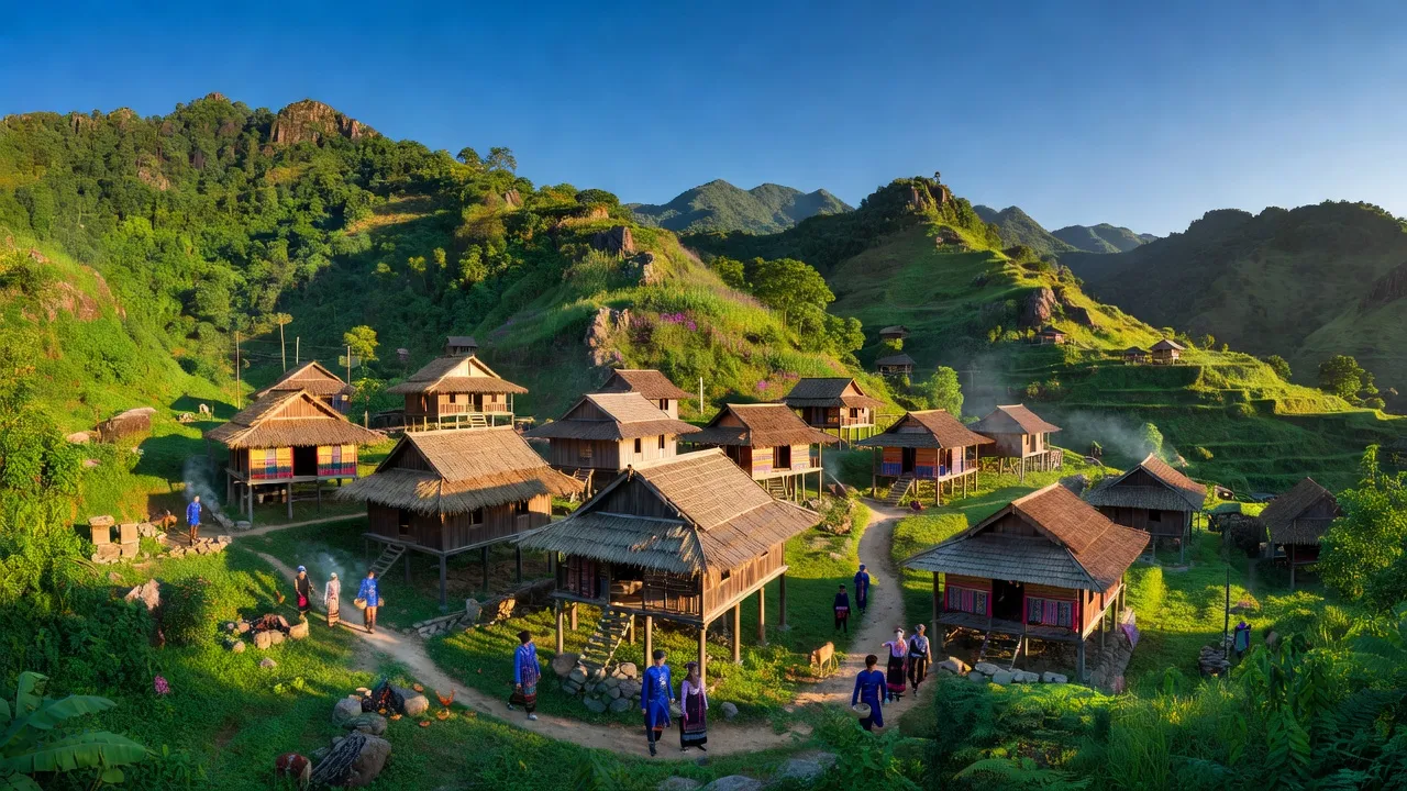 Khánh Thượng village in Ba Vì, Hà Nội, with green mountains and traditional houses.