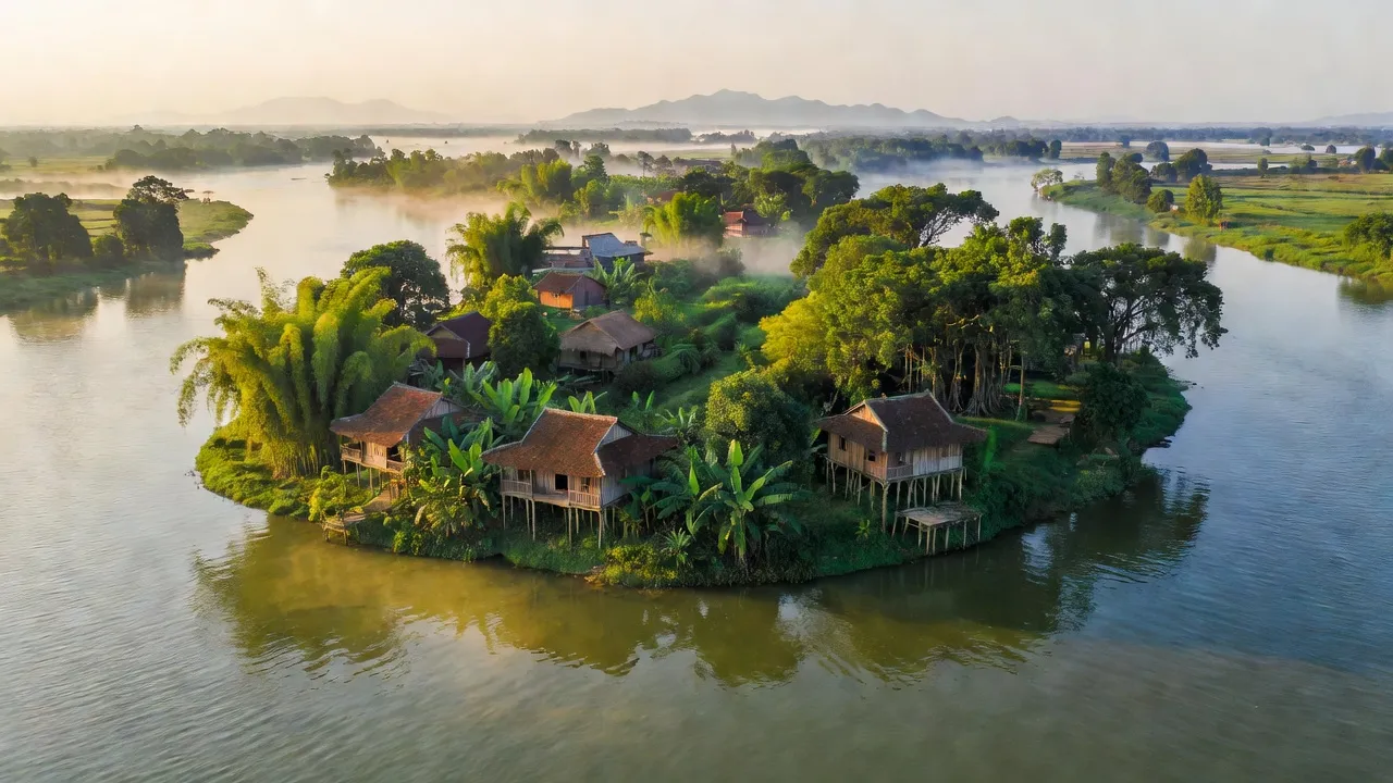 Khung cảnh Yên bình của Xã Minh Châu, huyện Ba Vì với dòng sông Hồng và cây cối xanh tươi.