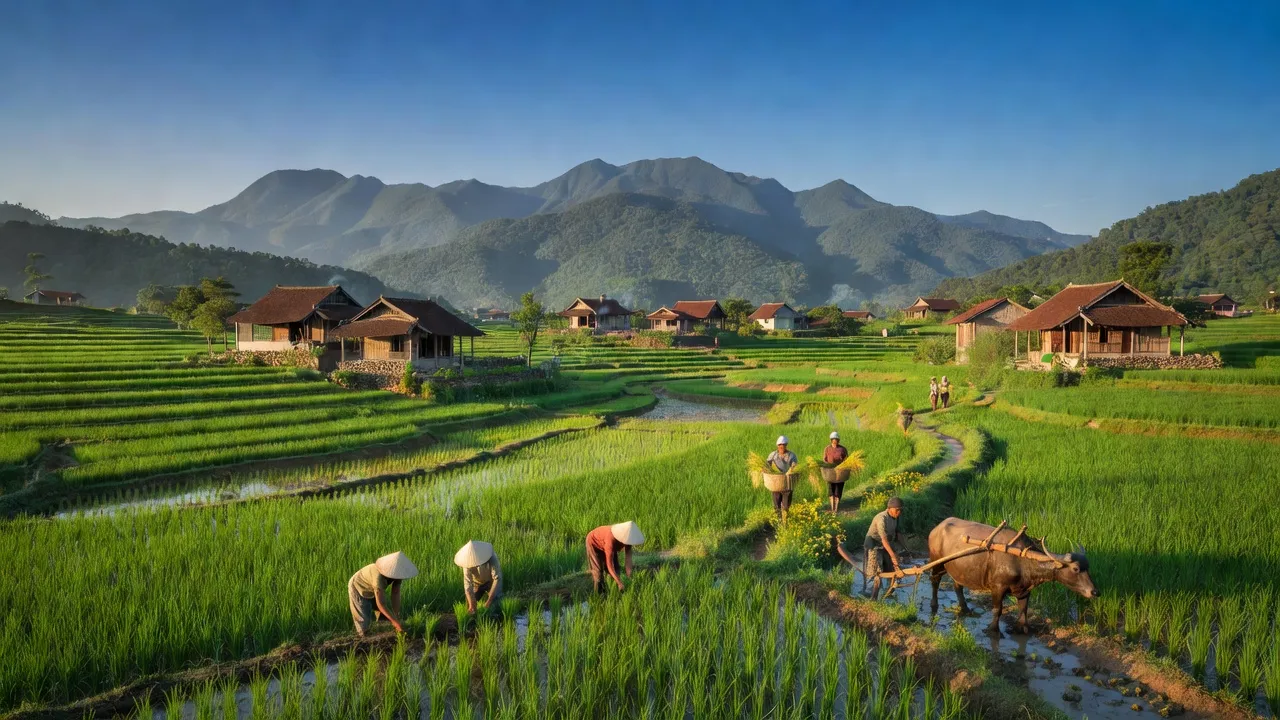 Cảnh đẹp Xã Minh Quang, huyện Ba Vì với cánh đồng xanh và nhà truyền thống, Hà Nội.