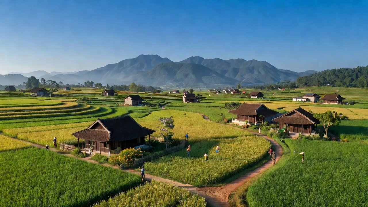 Khung cảnh yên bình xã Minh Quang huyện Ba Vì, Hà Nội với ruộng xanh và núi Ba Vì.