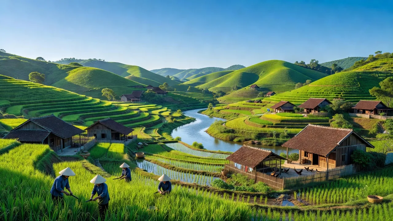 Khung cảnh xã Phong Vân, huyện Ba Vì, Hà Nội với đồi gò, sông và hoạt động nông nghiệp.