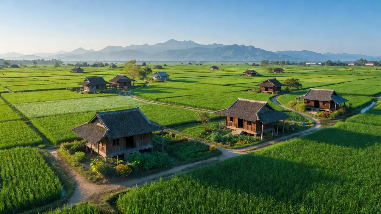 Cảnh đẹp Xã Phú Châu, huyện Ba Vì, Hà Nội với cánh đồng xanh và nhà truyền thống.