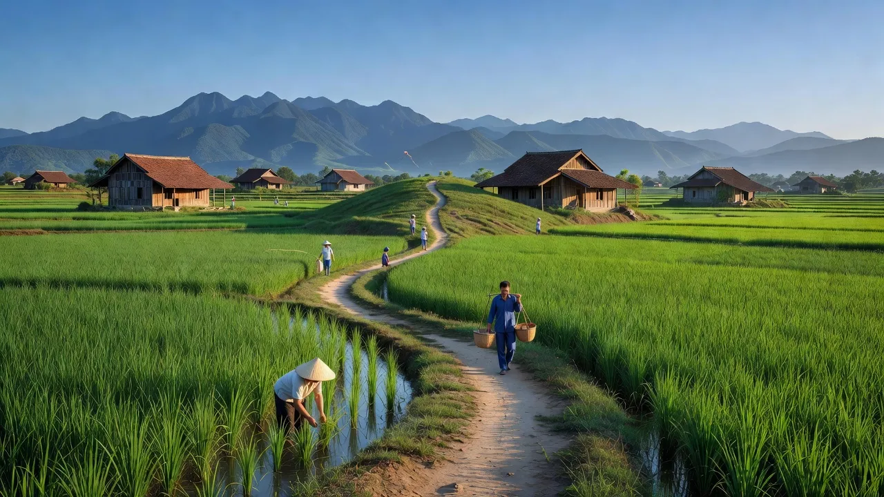Phong cảnh yên bình xã Phú Châu, huyện Ba Vì, Hà Nội với ruộng lúa và ngôi nhà truyền thống.