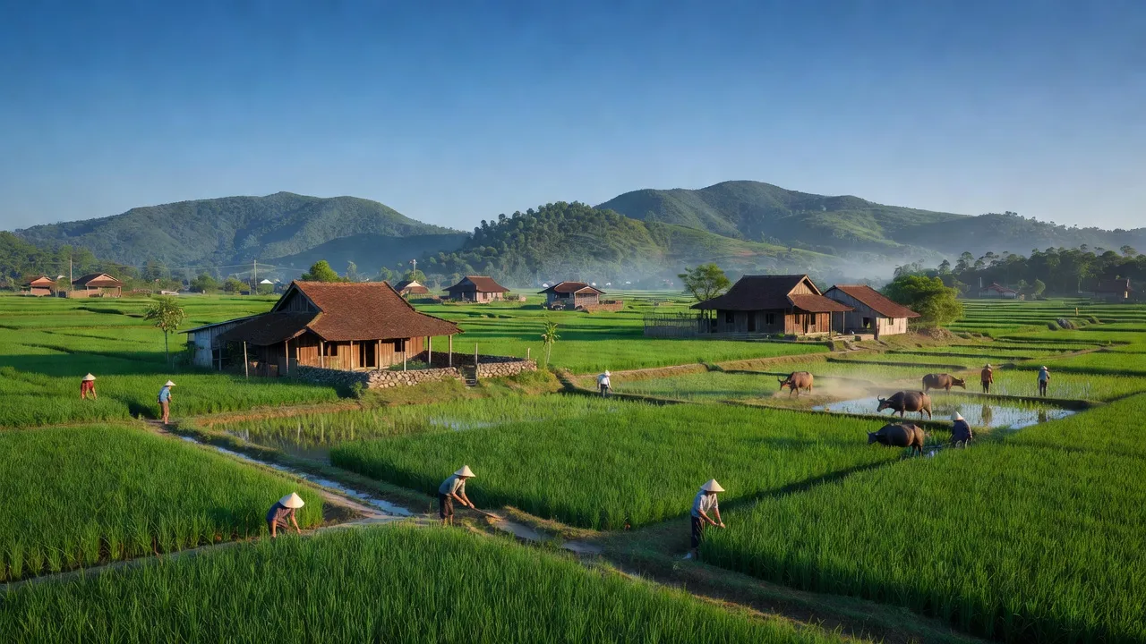 Khung cảnh xanh tươi xã Phú Cường, huyện Ba Vì, Hà Nội, với nhà truyền thống và cánh đồng.