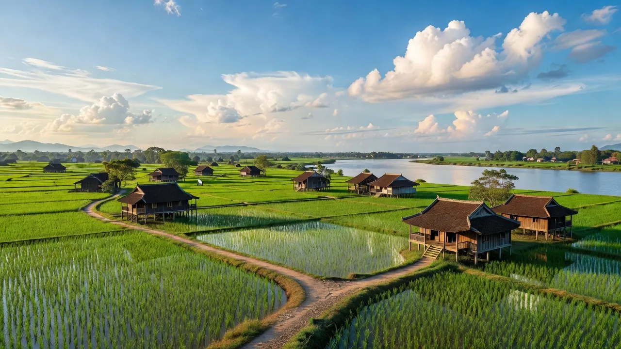 Phong cảnh xã Phú Cường huyện Ba Vì, Hà Nội với cánh đồng xanh, nhà truyền thống và sông Đà.