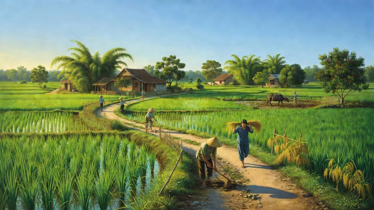 Cảnh sắc xã Phú Đông, Ba Vì với cánh đồng xanh, người nông dân và ánh nắng, thiên nhiên yên bình.