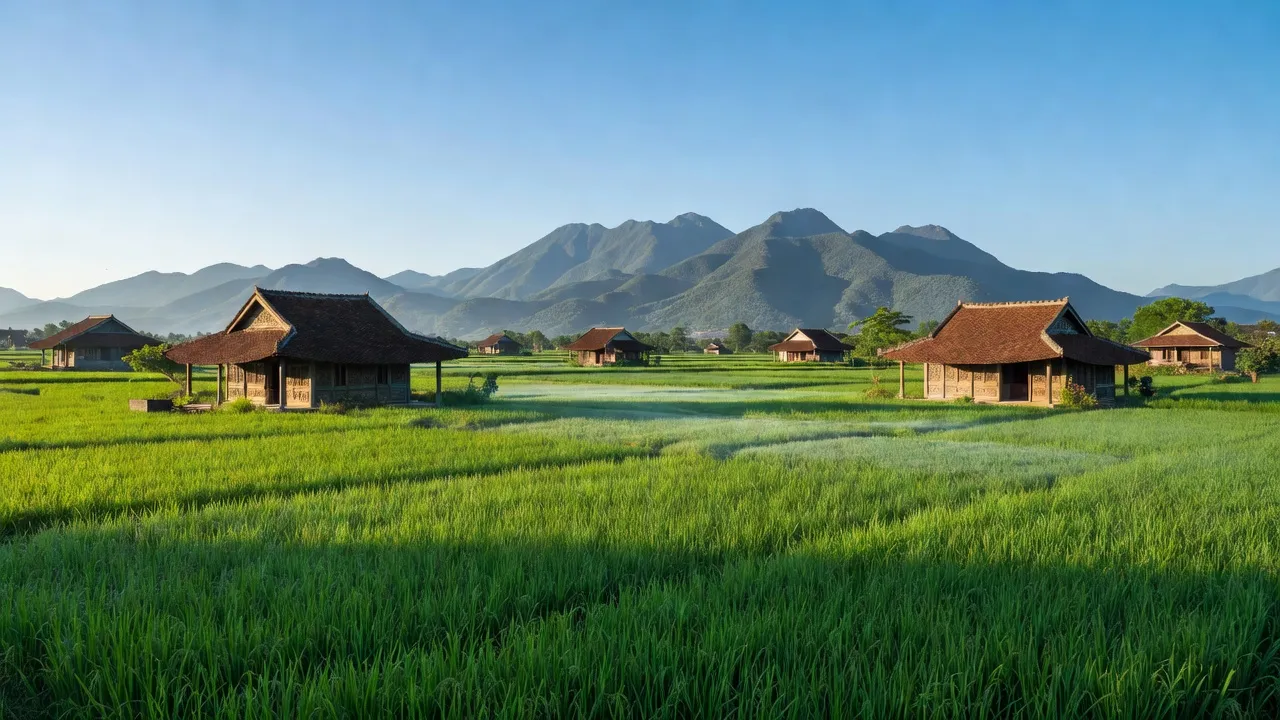 Quang cảnh Xã Phú Hồng, Huyện Ba Vì, Hà Nội với cánh đồng xanh và nhà truyền thống.