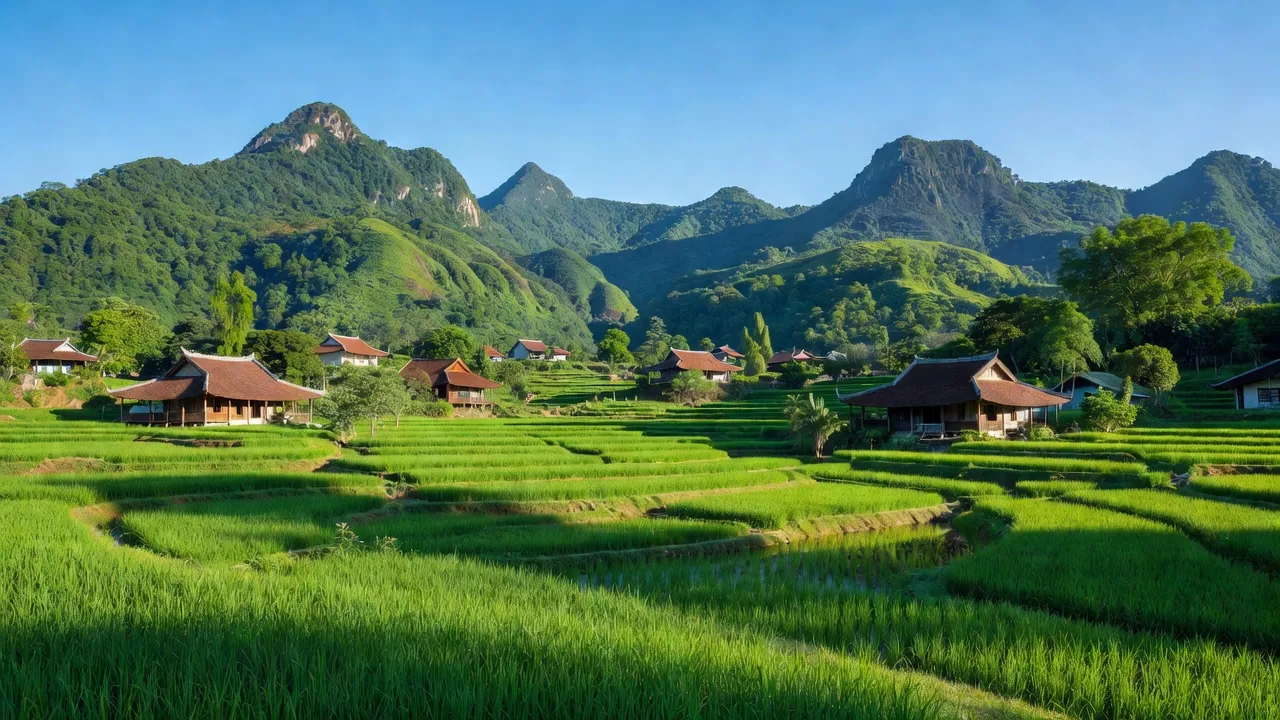 Cảnh đẹp xã Phú Sơn, huyện Ba Vì, Hà Nội với núi non xanh tươi và ruộng lúa bát ngát.