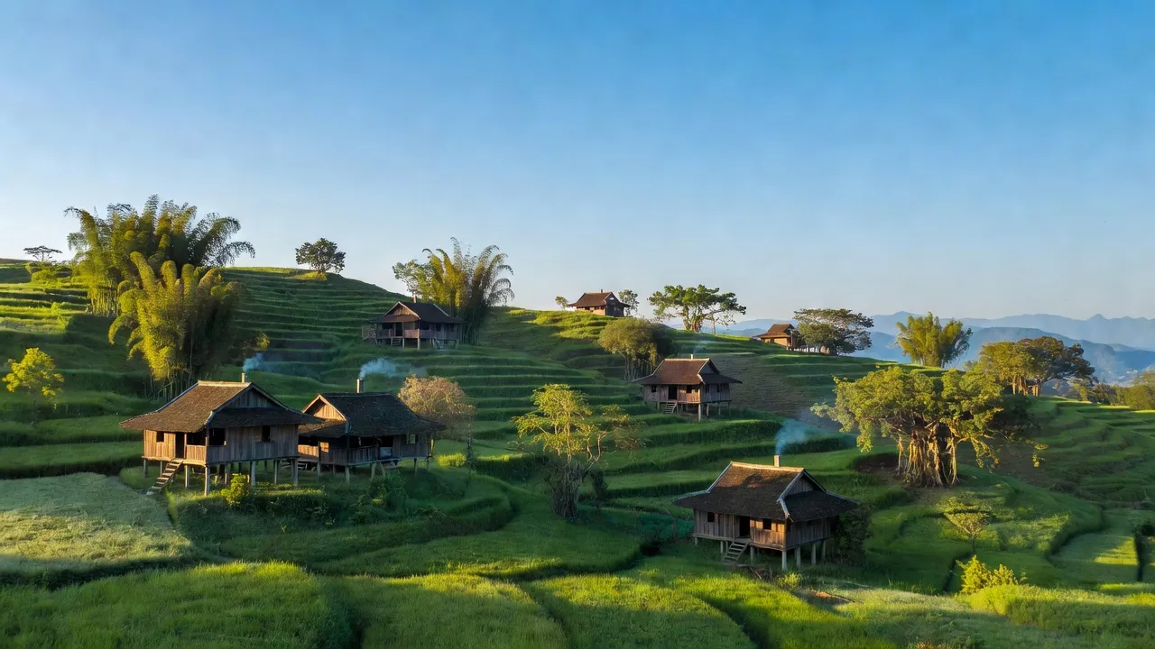 Cảnh quan Sơn Đà, Ba Vì với đồi núi xanh tươi và nhà truyền thống giữa bầu trời trong xanh.