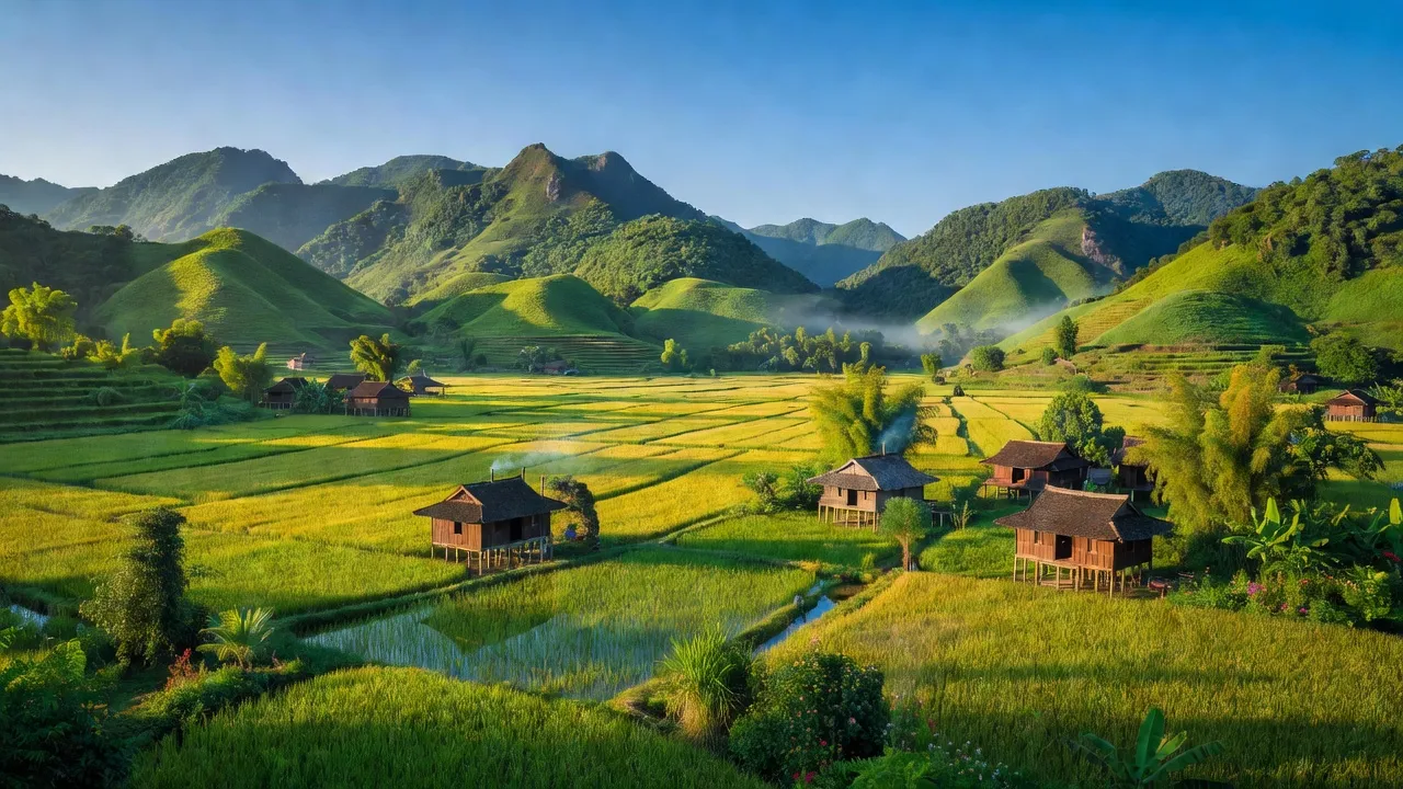 Khung cảnh thiên nhiên ở xã Tản Lĩnh, huyện Ba Vì, với đồi núi, cánh đồng và bầu trời trong xanh.