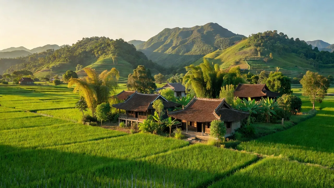 Khung cảnh xã Tản Lĩnh ở Ba Vì, Hà Nội với đồi núi và cánh đồng tươi đẹp.