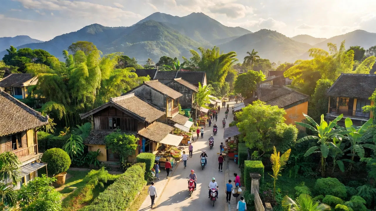 Thị trấn Tây Đằng, huyện Ba Vì, Hà Nội với cảnh quan xanh và kiến trúc truyền thống, dễ dàng tiếp cận.
