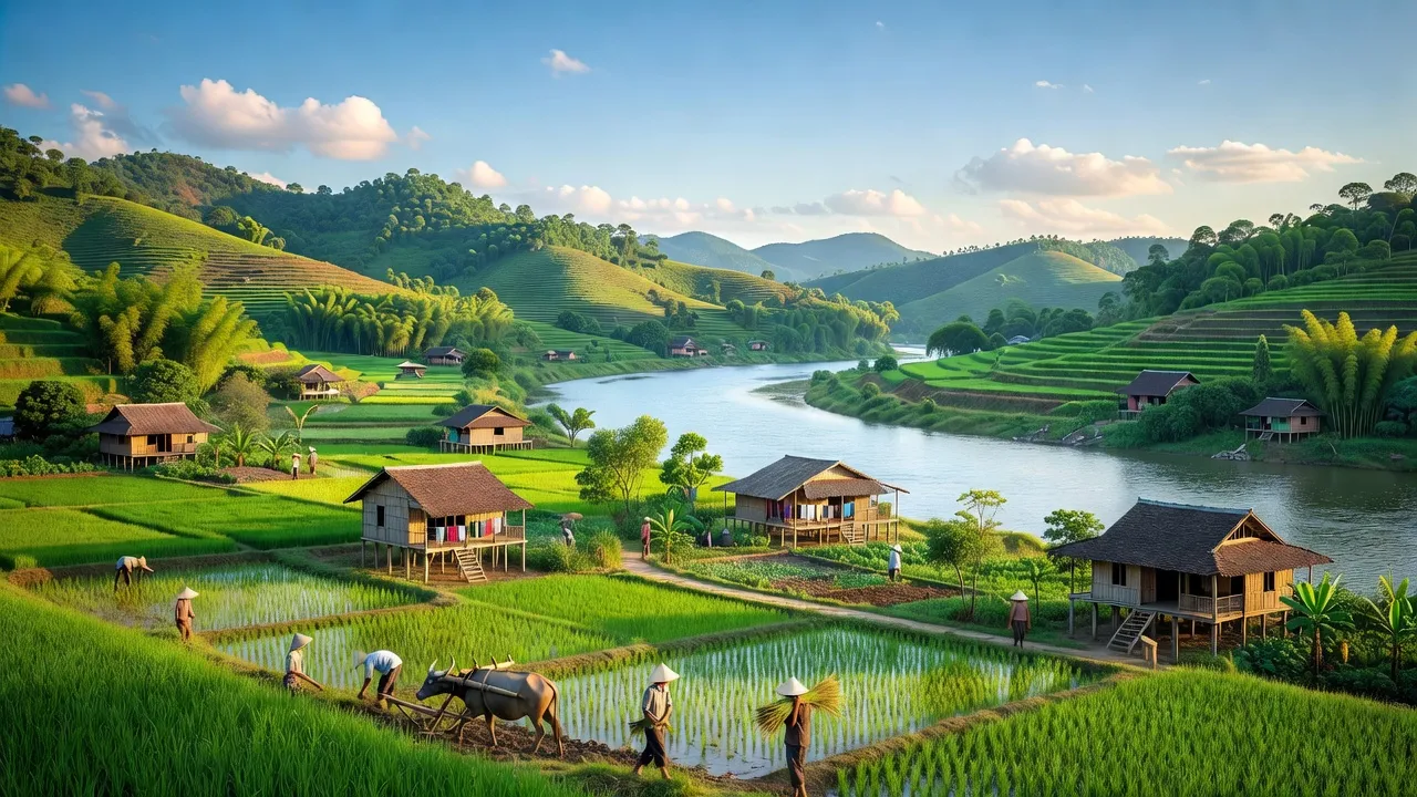 Khung cảnh yên bình tại xã Thái Hòa, huyện Ba Vì với cánh đồng xanh và sông Đà.
