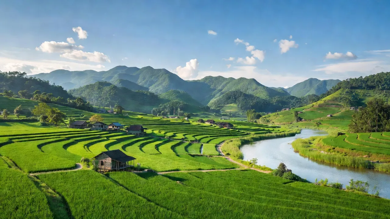 Cảnh đồng quê Xã Thuần Mỹ, huyện Ba Vì, Hà Nội với cánh đồng xanh, sông Đà bên cạnh.