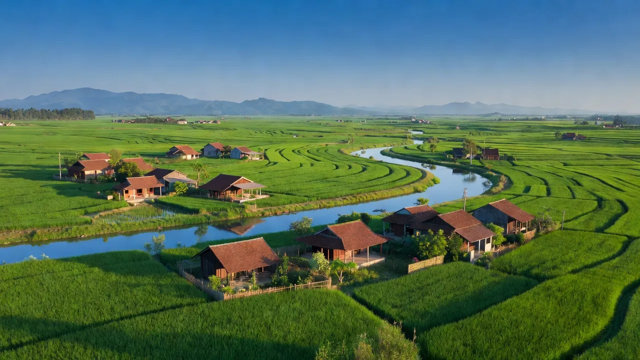 Khung cảnh yên bình xã Thuần Mỹ, huyện Ba Vì, sông Đà và đồng ruộng xanh tươi.