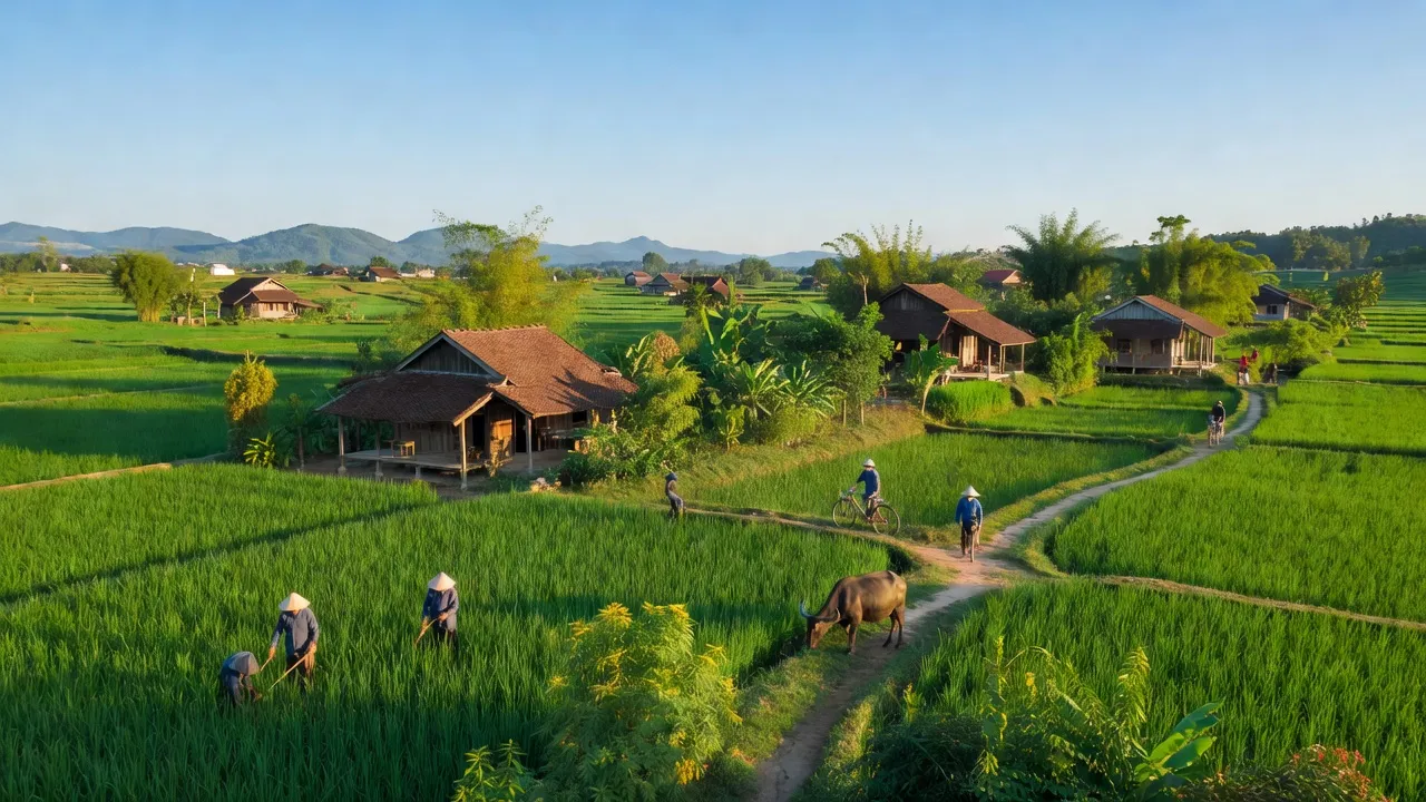 Mô tả cảnh đẹp huyện Chương Mỹ, Hà Nội với cánh đồng xanh tươi và nhà truyền thống.