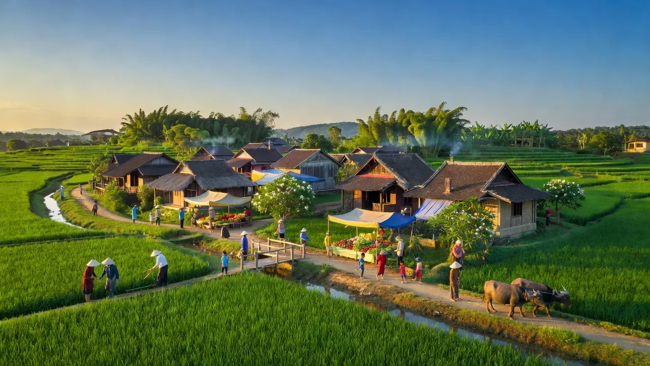 Quang cảnh huyện Chương Mỹ, Hà Nội với cảnh quan xanh tươi và nhà truyền thống, trời xanh trong.