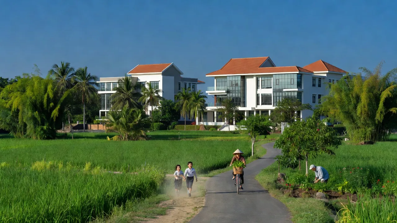 Cảnh đẹp thị trấn Chúc Sơn, huyện Chương Mỹ, Hà Nội, với không gian xanh và các tòa nhà hành chính.