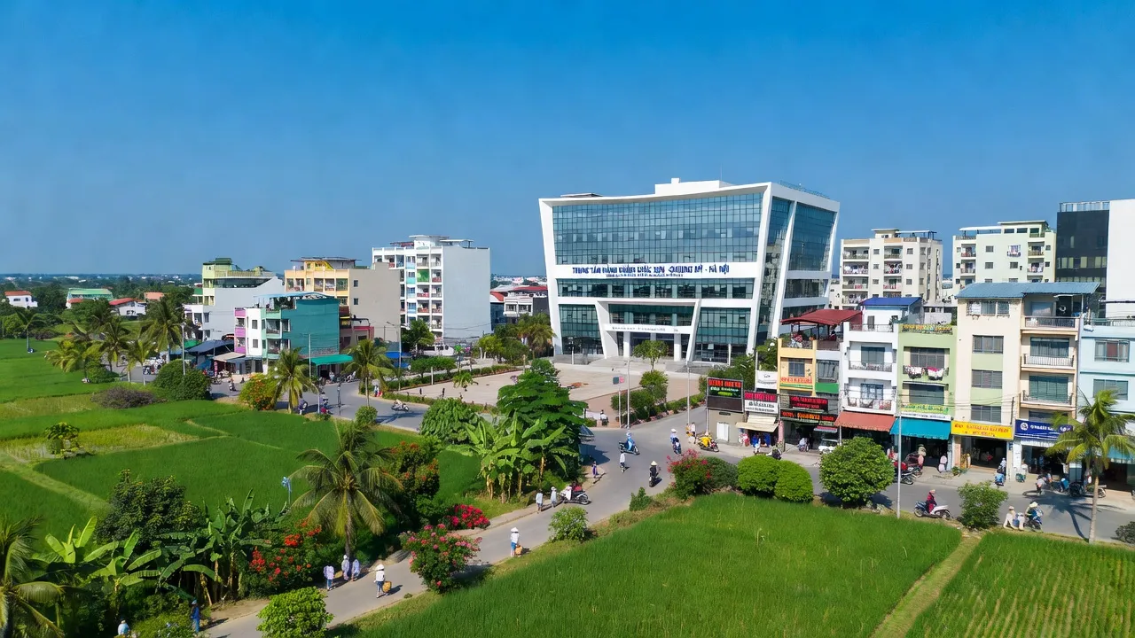 Cảnh quan thị trấn Chúc Sơn, huyện Chương Mỹ, gần Hà Nội với cây xanh và nhà cửa hiện đại.