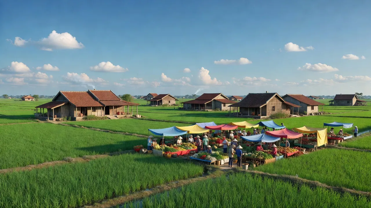 Cảnh đẹp xã Đại Yên, huyện Chương Mỹ, Hà Nội với đồng xanh và chợ địa phương sôi động.