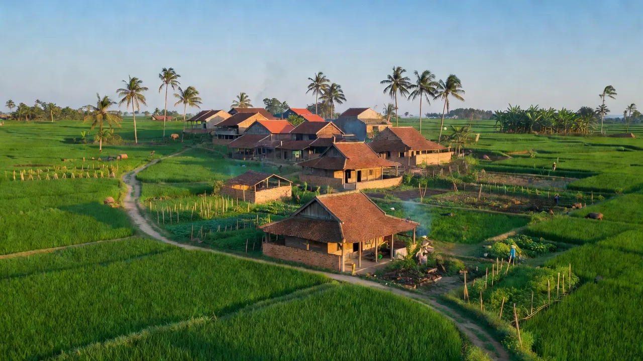 Khung cảnh làng Đại Yên, huyện Chương Mỹ, Hà Nội với đồng xanh và nhà truyền thống.