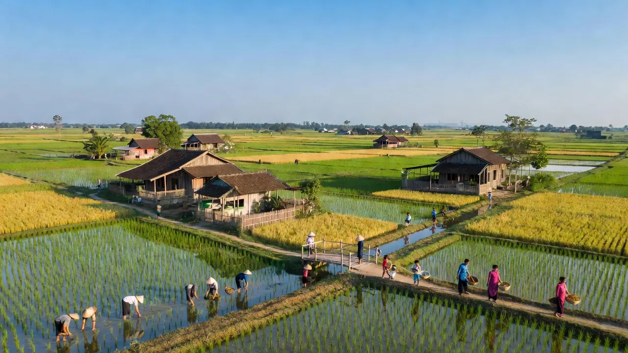Cảnh đẹp nông thôn xã Đồng Lạc, huyện Chương Mỹ, nổi bật với đồng ruộng và đời sống cộng đồng.
