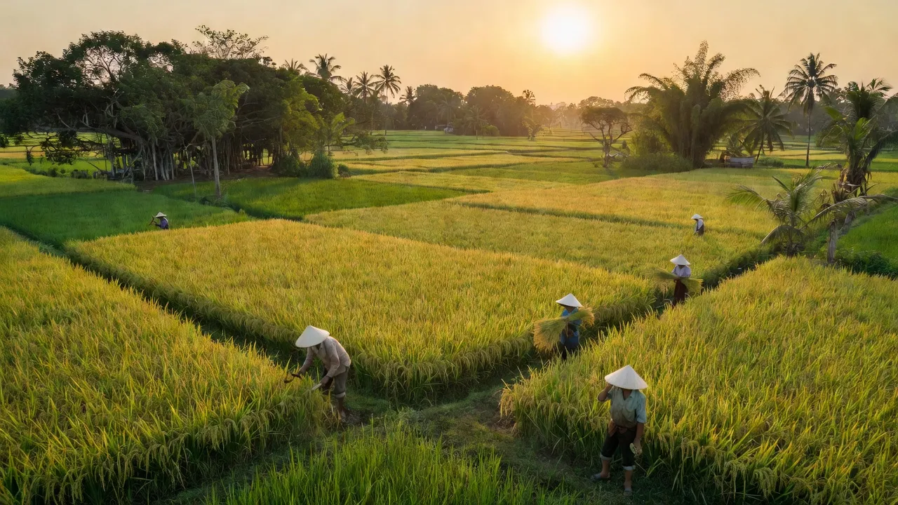 Khung cảnh Đồng Phương Yên, Chương Mỹ, Hà Nội với đồng lúa, nông dân và ánh sáng mặt trời.