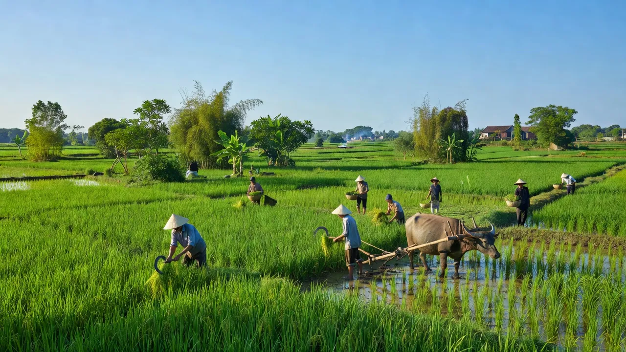 Quang cảnh thiên nhiên tại xã Đông Sơn, huyện Chương Mỹ, với đồng ruộng và nông dân làm việc.