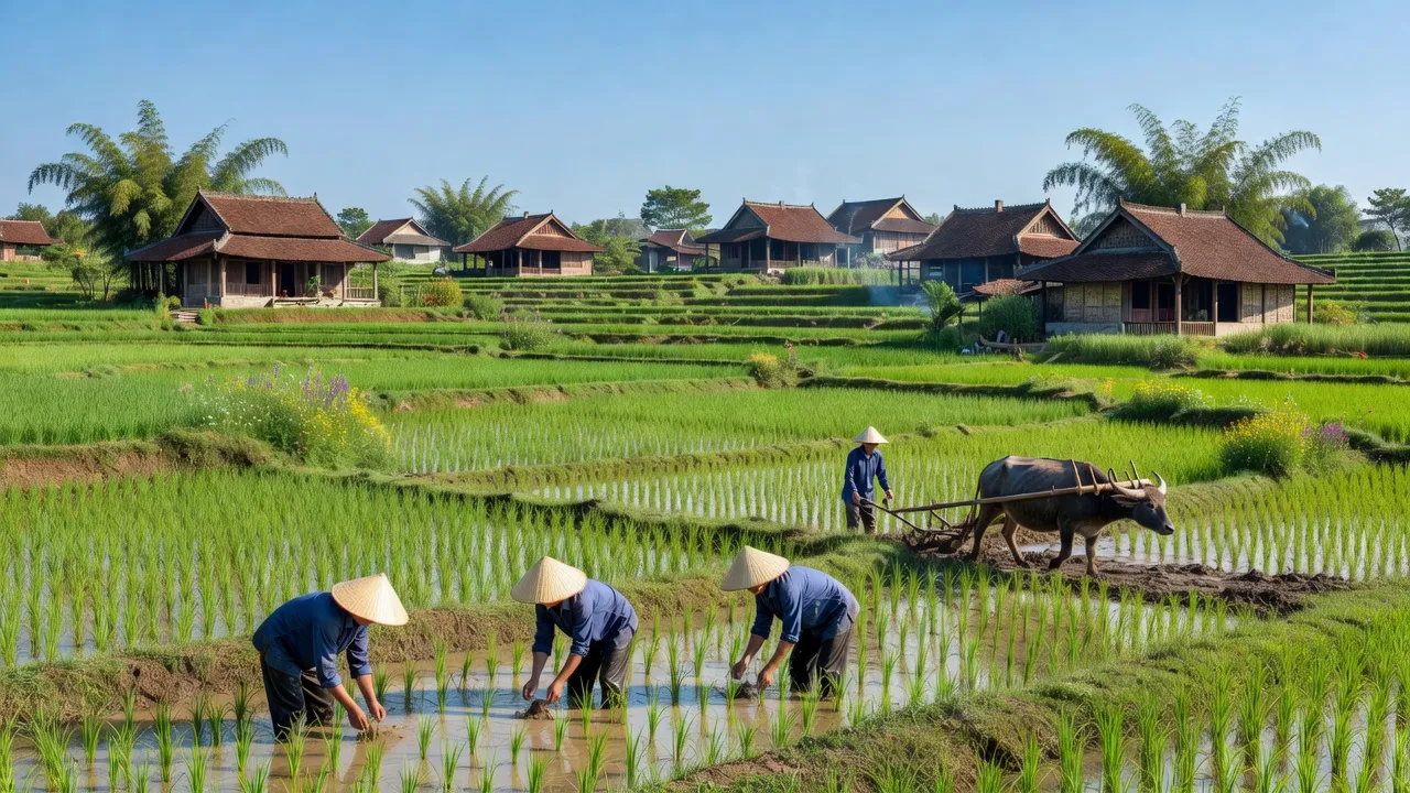 Cảnh quan Xã Hòa Phú, huyện Chương Mỹ, Hà Nội với cánh đồng xanh và nhà truyền thống.